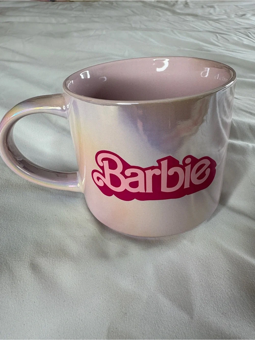 Barbie Iridescent Pink and White Logo Ceramic Mug